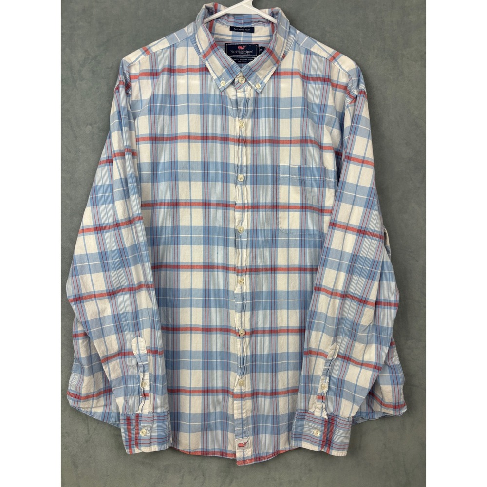 Vineyard Vines Slim Fit Murray Shirt XXL Blue Red Plaid Saltwater Wash Cotton